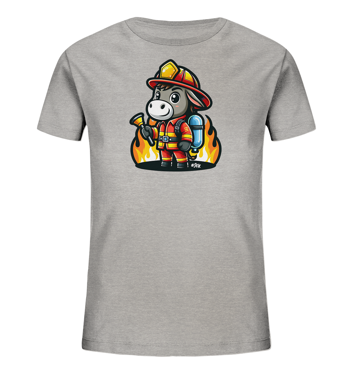 Kinder T-Shirt mit ein freundlicher Esel als Feuerwehrmann mit Helm, Anzug und Schlauch