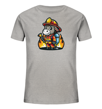 Kinder T-Shirt mit ein freundlicher Esel als Feuerwehrmann mit Helm, Anzug und Schlauch