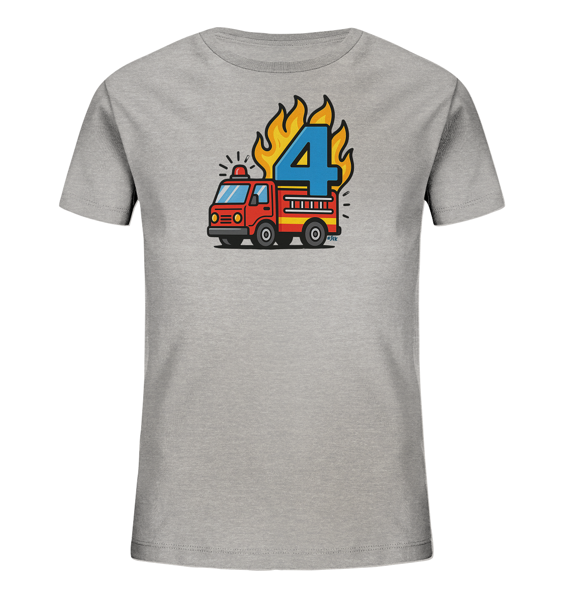Onlineshop Shirts fuer Kinder - Das Bild zeigt ein hellgraues Kinder-T-Shirt mit einem farbenfrohen Aufdruck auf der Vorderseite. Der Druck zeigt ein rotes Feuerwehrauto im Cartoon-Stil. Aus dem oberen Teil des Fahrzeugs ragt eine grosse, blaue Zahl '4' empor, umgeben von gelb-orangen Flammen. Das Design ist lebhaft und thematisch passend fuer junge Feuerwehrfans.