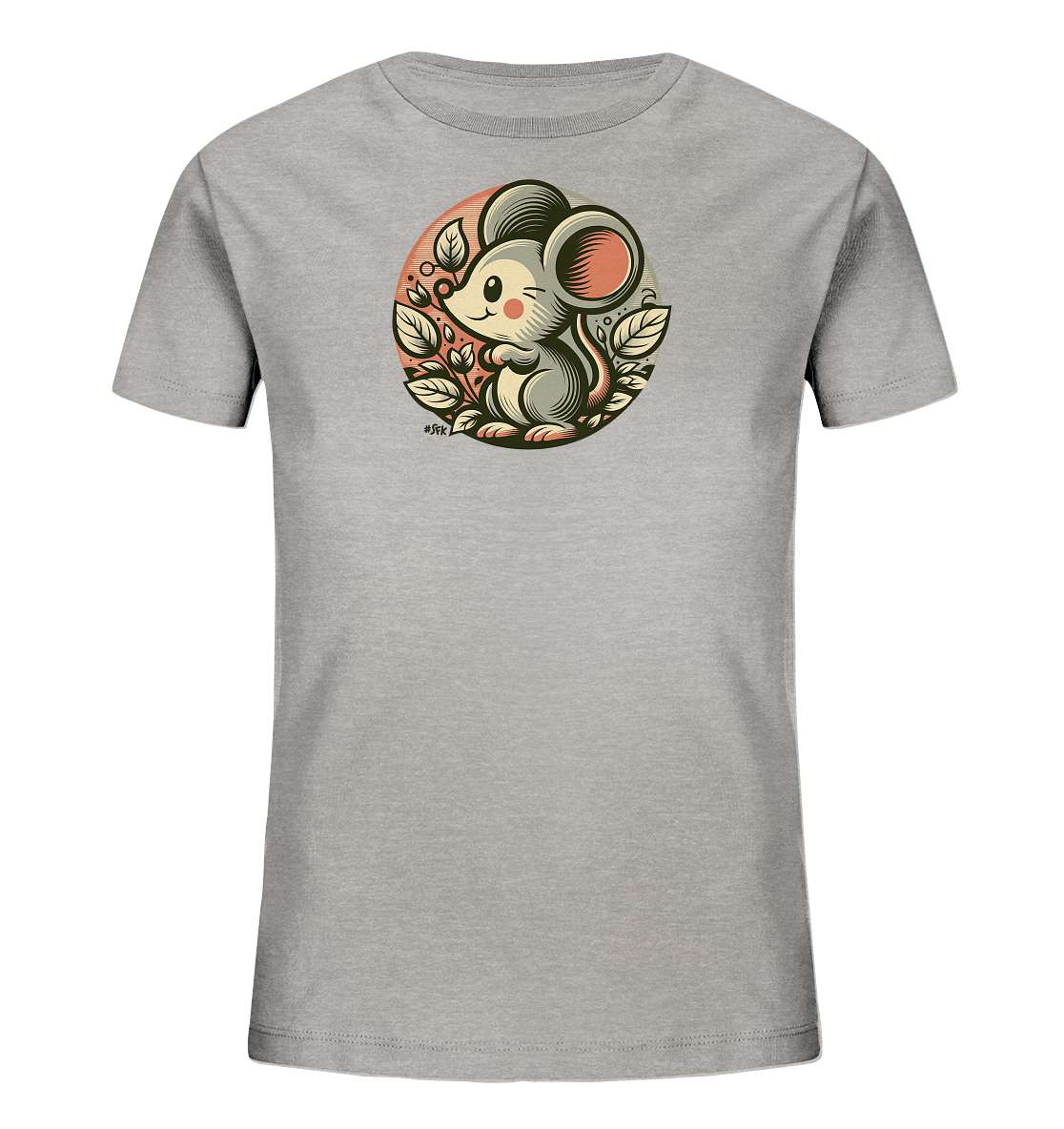 Onlineshop Shirts fuer Kinder - Das Bild zeigt ein hellgraues Kinder-T-Shirt mit einem runden Grafikmotiv auf der Vorderseite. Das Motiv stellt eine niedliche, gezeichnete Maus dar, die von Blaettern und einem gestreiften Hintergrund umgeben ist. Die Maus hat grosse Ohren und einen freundlichen Gesichtsausdruck. Das Design verleiht dem Shirt eine verspielte und natuerliche Ausstrahlung.