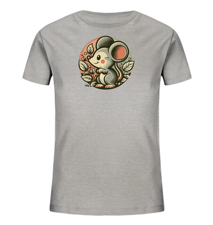 Onlineshop Shirts fuer Kinder - Das Bild zeigt ein hellgraues Kinder-T-Shirt mit einem runden Grafikmotiv auf der Vorderseite. Das Motiv stellt eine niedliche, gezeichnete Maus dar, die von Blaettern und einem gestreiften Hintergrund umgeben ist. Die Maus hat grosse Ohren und einen freundlichen Gesichtsausdruck. Das Design verleiht dem Shirt eine verspielte und natuerliche Ausstrahlung.