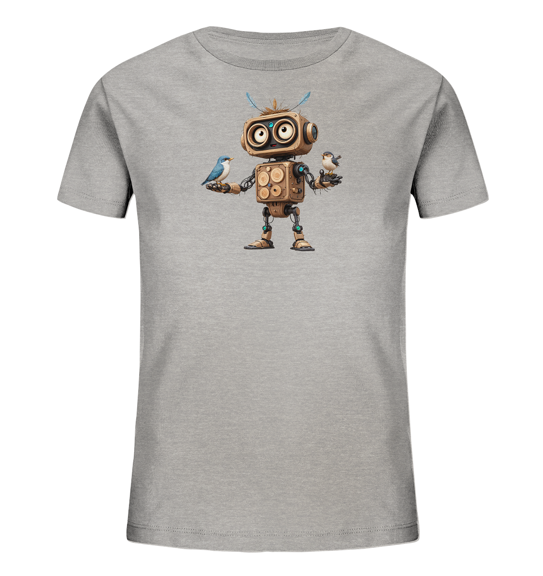 Onlineshop Shirts für Kinder - Dieses Bild zeigt ein graues Kinder-T-Shirt, auf dem ein freundlich aussehender Roboter abgebildet ist. Der Roboter, der aus verschiedenen Elementen wie Holz und Metall zu bestehen scheint, hält auf jeder Hand einen kleinen Vogel. Die Vögel sind farbig, einer bläulich und der andere bräunlich, und sitzen auf den Händen des Roboters. Das Motiv ist zentral auf der Vorderseite des Shirts platziert und wirkt detailreich.