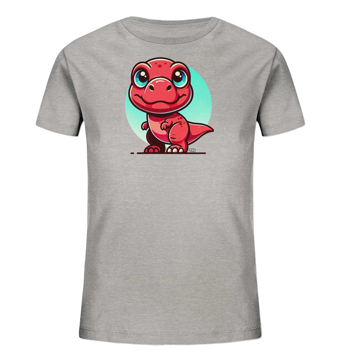 Onlineshop Shirts für Kinder - Das Bild zeigt ein graues T-Shirt für Kinder. Auf der Vorderseite ist eine Illustration eines roten, freundlich aussehenden Cartoon-Dinosauriers zu sehen. Der kleine Dinosaurier steht vor einem hellblauen, kreisförmigen Hintergrund und hat große, blaue Augen sowie ein breites Lächeln. Das Design ist verspielt und farbenfroh, was das T-Shirt zu einem ansprechenden Kleidungsstück für Kinder macht.