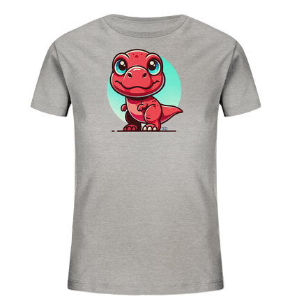 Onlineshop Shirts für Kinder - Das Bild zeigt ein graues T-Shirt für Kinder. Auf der Vorderseite ist eine Illustration eines roten, freundlich aussehenden Cartoon-Dinosauriers zu sehen. Der kleine Dinosaurier steht vor einem hellblauen, kreisförmigen Hintergrund und hat große, blaue Augen sowie ein breites Lächeln. Das Design ist verspielt und farbenfroh, was das T-Shirt zu einem ansprechenden Kleidungsstück für Kinder macht.