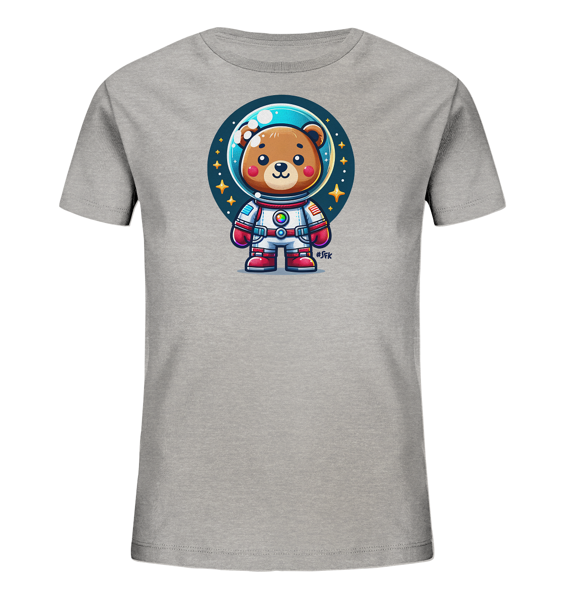 Onlineshop Shirts fuer Kinder - Das Bild zeigt ein graues Kinder-T-Shirt mit einem niedlichen Motiv eines Cartoon-Baeren im Astronautenanzug. Der Baer traegt einen weissen Anzug mit Helm und steht vor einem dunklen, sternenuebersaeten Kreis, der den Weltraum darstellt. Das Design ist farbenfroh und detailliert, mit Akzenten in Rot und Blau. Der Baer blickt freundlich nach vorne.