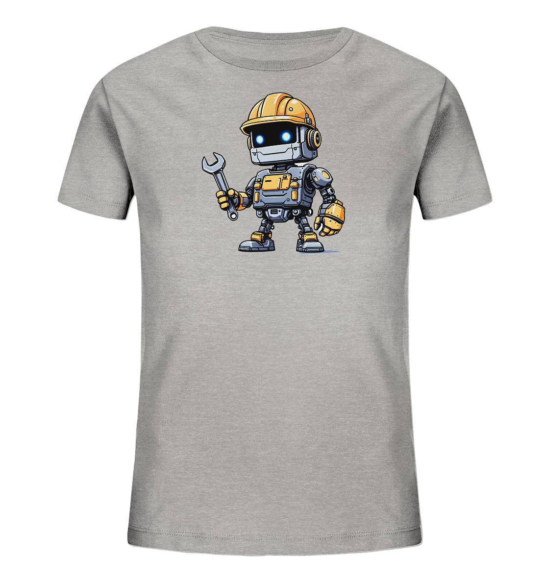 Onlineshop Shirts für Kinder - Das Bild zeigt ein hellgraues Kinder-T-Shirt mit einer farbigen Grafik auf der Vorderseite. Dargestellt ist ein freundlich aussehender Cartoon-Roboter, der einen gelben Bauhelm trägt und einen silbernen Schraubenschlüssel in der Hand hält. Der Roboter ist grau mit gelben Akzenten an den Gliedmaßen und am Oberkörper gestaltet und hat leuchtend blaue Augen. Die Illustration ist detailliert und verleiht dem Shirt einen technischen und dennoch verspielten Look.