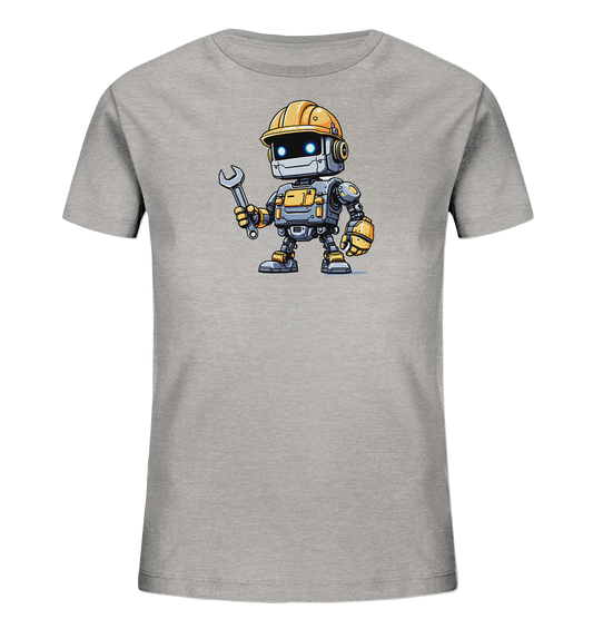 Onlineshop Shirts für Kinder - Das Bild zeigt ein hellgraues Kinder-T-Shirt mit einer farbigen Grafik auf der Vorderseite. Dargestellt ist ein freundlich aussehender Cartoon-Roboter, der einen gelben Bauhelm trägt und einen silbernen Schraubenschlüssel in der Hand hält. Der Roboter ist grau mit gelben Akzenten an den Gliedmaßen und am Oberkörper gestaltet und hat leuchtend blaue Augen. Die Illustration ist detailliert und verleiht dem Shirt einen technischen und dennoch verspielten Look.