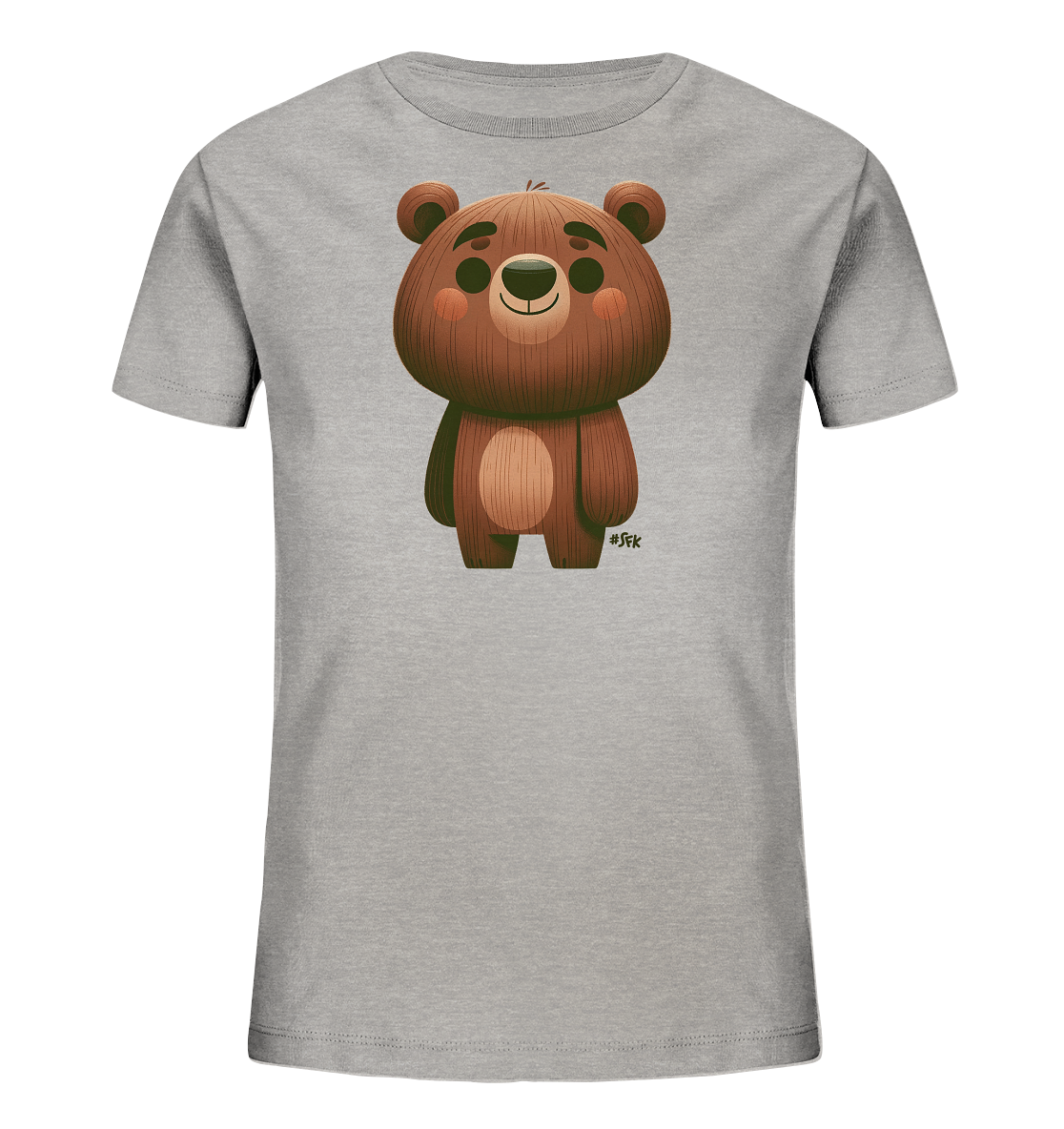 Onlineshop Shirts fuer Kinder - Das Bild zeigt ein hellgraues Kinder T-Shirt mit einem suessen Baerenmotiv auf der Vorderseite. Der freundliche Cartoon-Baer ist braun dargestellt und hat grosse Augen sowie rosige Wangen. Seine Felloptik ist detailreich strukturiert. Das aufrechte Stehen des Baeren verleiht dem Shirt einen froehlichen Charakter.