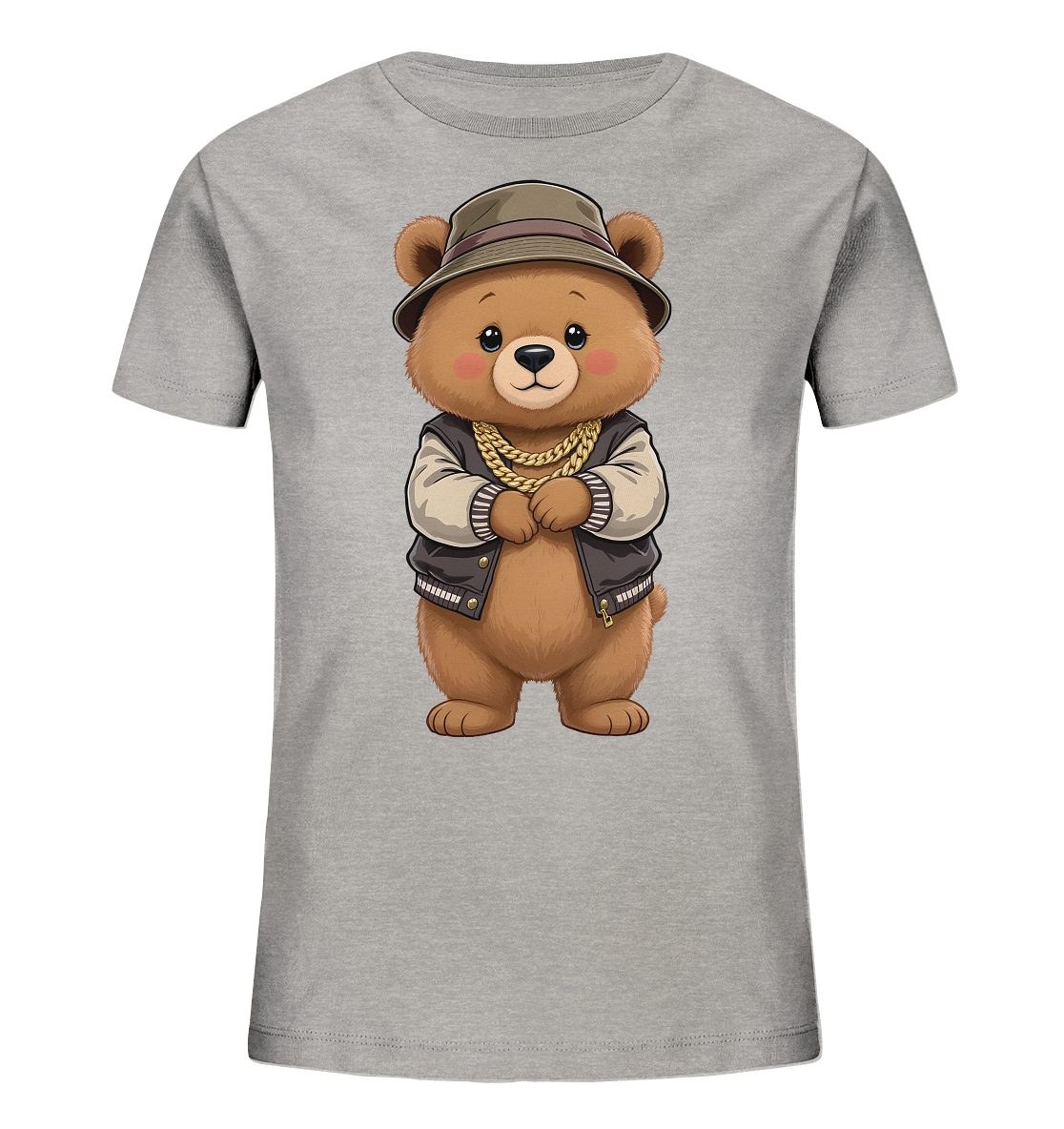 Onlineshop Shirts fuer Kinder - Das Bild zeigt ein hellgraues Kinder-T-Shirt mit einem niedlichen Baerenmotiv auf der Vorderseite. Der Cartoon-Baer traegt einen Hut, eine Bomberjacke und eine goldene Kette, was ihm einen laessigen Look verleiht. Seine Pfoten sind verschraenkt, und er hat grosse, freundliche Augen. Das Design ist verspielt und ansprechend fuer Kinder.