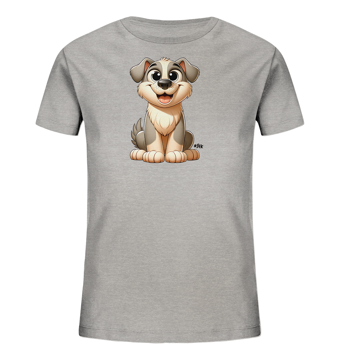 Onlineshop Shirts fuer Kinder - Das Bild zeigt ein graues Kinder-T-Shirt mit einer niedlichen Cartoon-Illustration auf der Vorderseite. Die Grafik stellt einen sitzenden Hund mit grossen Augen und einem freundlichen Gesicht dar. Das Design ist in Grau- und Beigetoenen gehalten und verleiht dem Shirt einen verspielten Look.