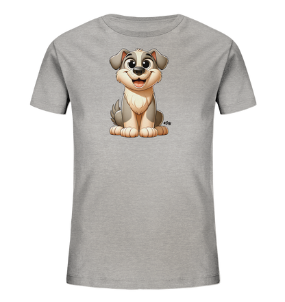 Onlineshop Shirts fuer Kinder - Das Bild zeigt ein graues Kinder-T-Shirt mit einer niedlichen Cartoon-Illustration auf der Vorderseite. Die Grafik stellt einen sitzenden Hund mit grossen Augen und einem freundlichen Gesicht dar. Das Design ist in Grau- und Beigetoenen gehalten und verleiht dem Shirt einen verspielten Look.