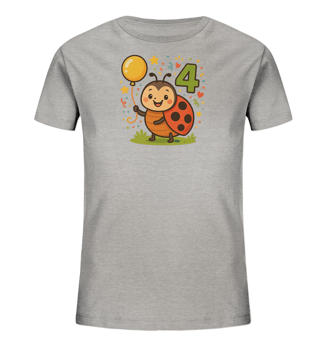 Onlineshop Shirts fuer Kinder - Das graue T-Shirt zeigt eine farbenfrohe Illustration eines laechelnden Marienkaefers, der einen gelben Ballon haelt. Der Marienkaefer steht neben der grossen, gruenen Zahl 4. Das Design ist von kleinen Sternen und Konfetti umgeben und wirkt sehr freundlich. Diese verspielte Grafik ist auf der Vorderseite des Shirts positioniert.