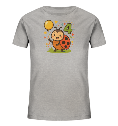 Onlineshop Shirts fuer Kinder - Das graue T-Shirt zeigt eine farbenfrohe Illustration eines laechelnden Marienkaefers, der einen gelben Ballon haelt. Der Marienkaefer steht neben der grossen, gruenen Zahl 4. Das Design ist von kleinen Sternen und Konfetti umgeben und wirkt sehr freundlich. Diese verspielte Grafik ist auf der Vorderseite des Shirts positioniert.