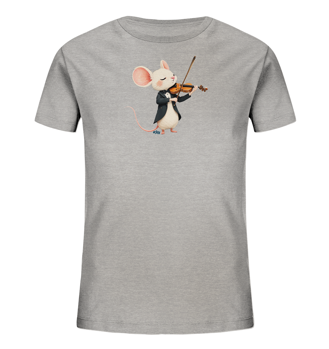 Onlineshop Shirts fuer Kinder - Das Bild zeigt ein graues T-Shirt fuer Kinder mit einer charmanten Illustration auf der Vorderseite. Eine helle Maus mit grossen, rosa Ohren ist darauf abgebildet, elegant gekleidet in einem dunklen Anzug. Die Maus spielt konzentriert auf einer Violine, was dem Motiv eine kuenstlerische Note verleiht. Das Design wirkt verspielt und gleichzeitig stilvoll.