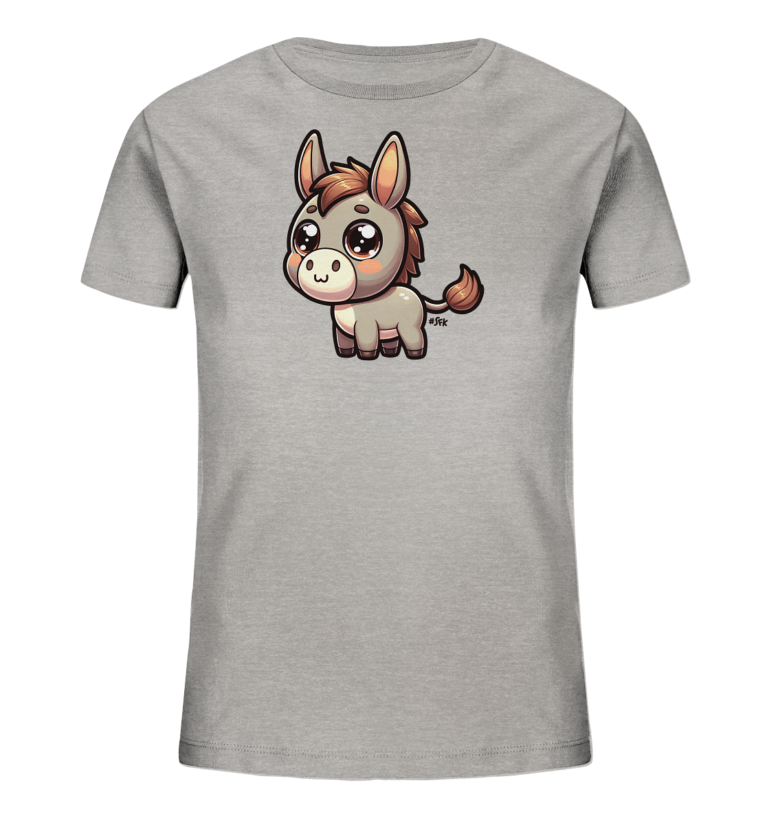 Onlineshop Shirts fuer Kinder - Das Bild zeigt ein hellgraues Kinder-T-Shirt mit einem niedlichen Cartoon-Esel als Motiv auf der Vorderseite. Der Esel ist detailreich gezeichnet, mit grossen Kulleraugen und einem freundlichen Ausdruck. Seine Maehne und der Schwanz sind braun hervorgehoben. Das Design wirkt verspielt und ansprechend fuer Kinder.