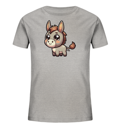 Onlineshop Shirts fuer Kinder - Das Bild zeigt ein hellgraues Kinder-T-Shirt mit einem niedlichen Cartoon-Esel als Motiv auf der Vorderseite. Der Esel ist detailreich gezeichnet, mit grossen Kulleraugen und einem freundlichen Ausdruck. Seine Maehne und der Schwanz sind braun hervorgehoben. Das Design wirkt verspielt und ansprechend fuer Kinder.