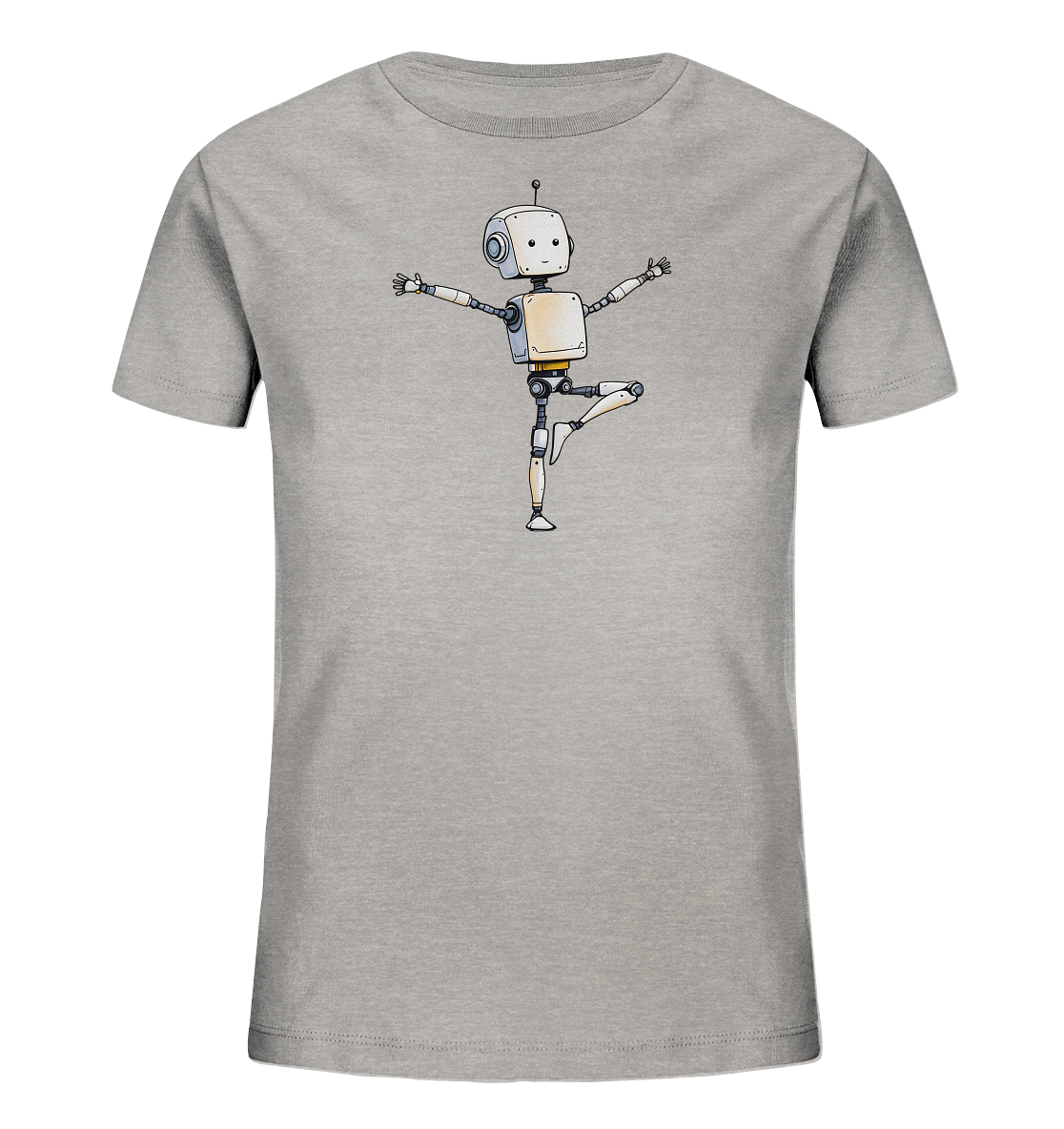 Onlineshop Shirts für Kinder - Das Bild zeigt ein hellgraues Kinder-T-Shirt mit einem Aufdruck auf der Vorderseite. Der Aufdruck stellt einen freundlichen, cartoonartigen Roboter dar. Der Roboter ist in einer Ballett- oder Balancepose abgebildet, stehend auf einem Bein mit ausgebreiteten Armen. Das Design ist farblich dezent gehalten mit Akzenten in Gelb und Blau auf dem Roboter, was ihm ein verspieltes Aussehen verleiht. Das Shirt wird freigestellt auf einem schwarzen Hintergrund präsentiert.