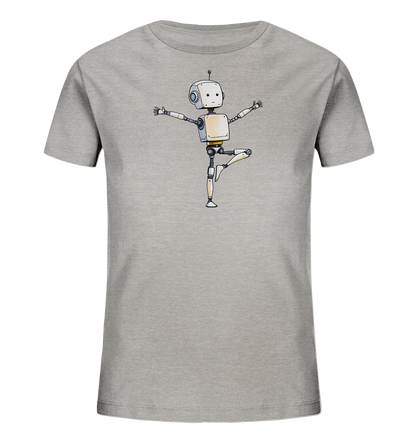 Onlineshop Shirts für Kinder - Das Bild zeigt ein hellgraues Kinder-T-Shirt mit einem Aufdruck auf der Vorderseite. Der Aufdruck stellt einen freundlichen, cartoonartigen Roboter dar. Der Roboter ist in einer Ballett- oder Balancepose abgebildet, stehend auf einem Bein mit ausgebreiteten Armen. Das Design ist farblich dezent gehalten mit Akzenten in Gelb und Blau auf dem Roboter, was ihm ein verspieltes Aussehen verleiht. Das Shirt wird freigestellt auf einem schwarzen Hintergrund präsentiert.