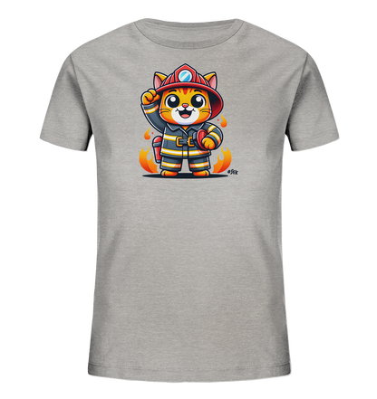 Kinder T-Shirt mit eine winkende Cartoon-Katze als Feuerwehrfigur mit Helm und Uniform