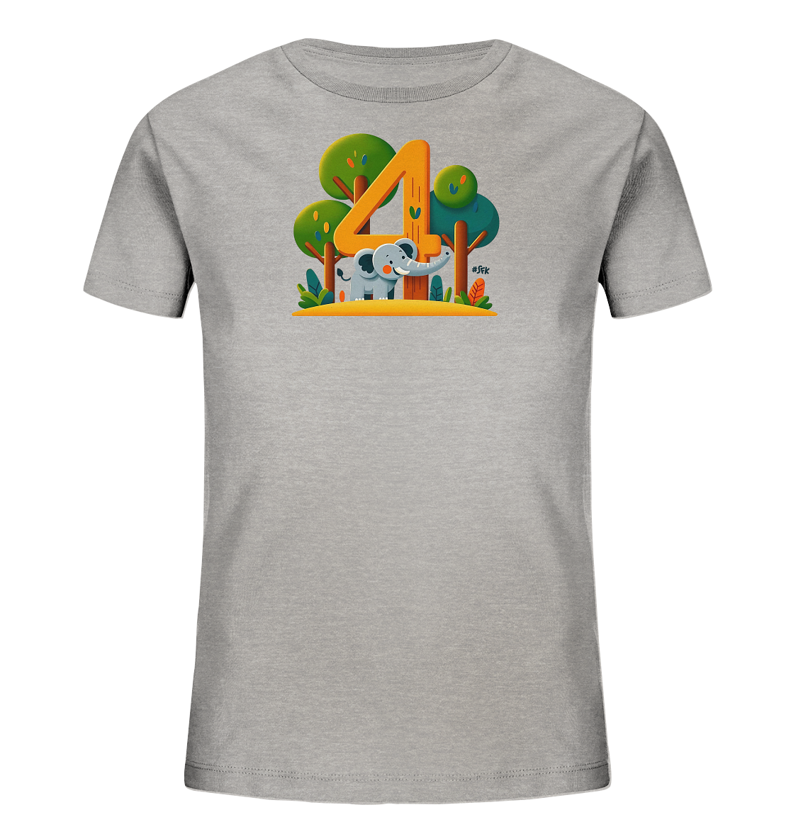 Onlineshop Shirts fuer Kinder - Das graue T-Shirt zeigt eine farbenfrohe Illustration eines kleinen Elefanten neben der grossen Zahl '4'. Der Elefant steht in einer stilisierten Waldlandschaft mit Baeumen und Pflanzen. Das Design ist kindgerecht und froehlich gestaltet.