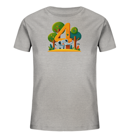 Onlineshop Shirts fuer Kinder - Das graue T-Shirt zeigt eine farbenfrohe Illustration eines kleinen Elefanten neben der grossen Zahl '4'. Der Elefant steht in einer stilisierten Waldlandschaft mit Baeumen und Pflanzen. Das Design ist kindgerecht und froehlich gestaltet.