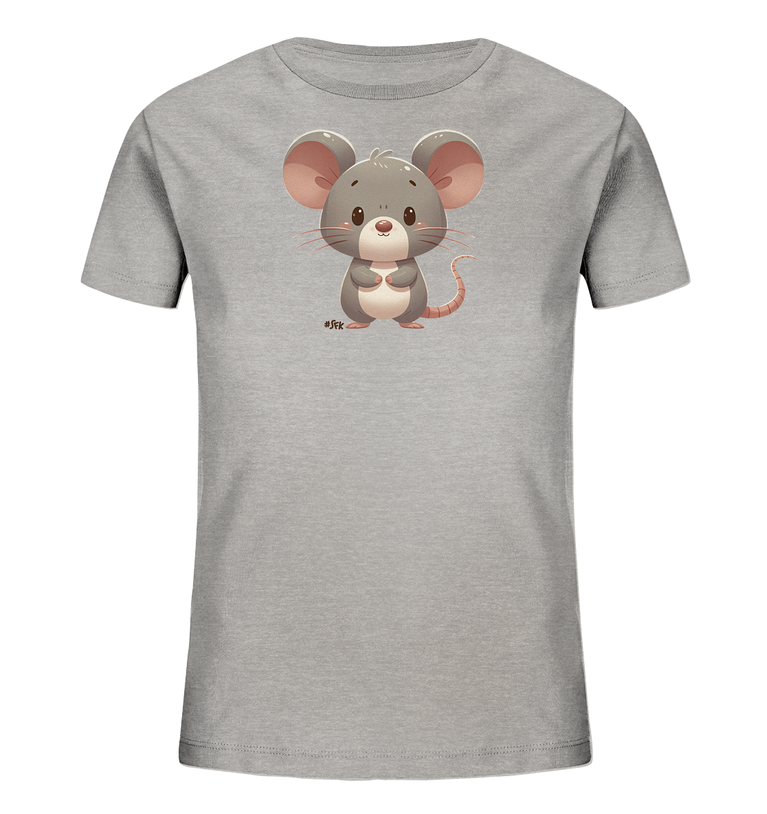 Onlineshop Shirts für Kinder - Das Bild zeigt ein graues T-Shirt speziell für Kinder. Auf der Vorderseite ist eine große, detaillierte Illustration einer niedlichen Cartoon-Maus zu sehen. Die Maus ist grau mit rosafarbenen Akzenten an Ohren und Pfoten und hat einen freundlichen Ausdruck. Neben der Maus befindet sich ein kleines Hashtag mit dem Text "#SFK".