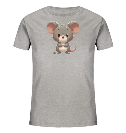 Onlineshop Shirts für Kinder - Das Bild zeigt ein graues T-Shirt speziell für Kinder. Auf der Vorderseite ist eine große, detaillierte Illustration einer niedlichen Cartoon-Maus zu sehen. Die Maus ist grau mit rosafarbenen Akzenten an Ohren und Pfoten und hat einen freundlichen Ausdruck. Neben der Maus befindet sich ein kleines Hashtag mit dem Text "#SFK".