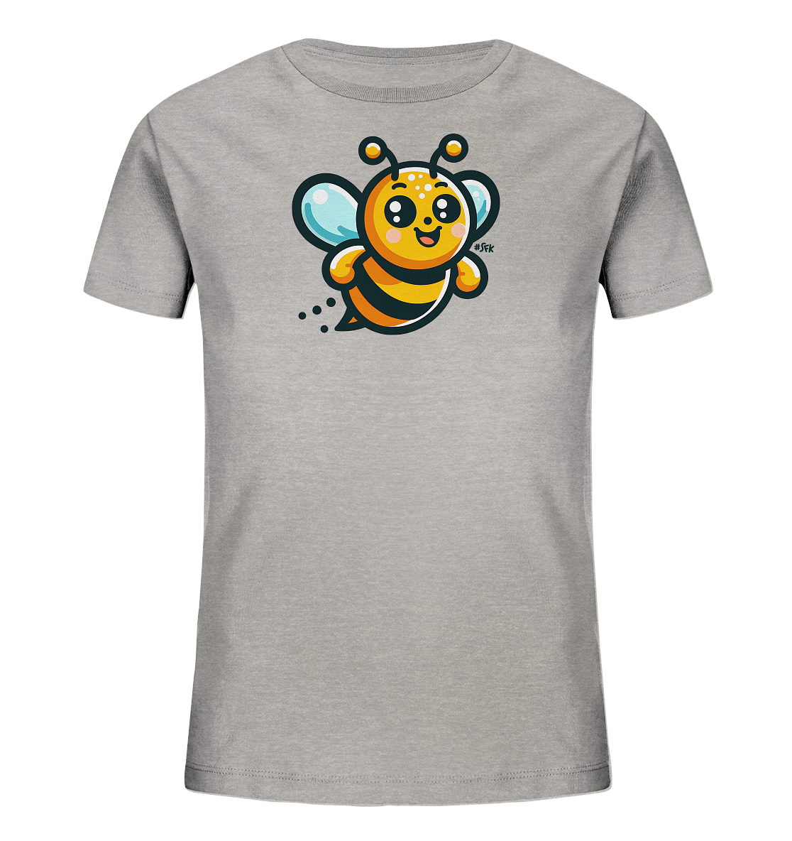 Onlineshop Shirts fuer Kinder - Das Bild zeigt ein graues Kinder-T-Shirt mit einer niedlichen Comic-Biene auf der Vorderseite. Die Biene hat einen gelb-schwarz gestreiften Koerper, blaue Fluegel und ein freundliches, laechelndes Gesicht. Sie scheint gerade im Flug dargestellt zu sein, mit kleinen Punkten hinter sich. Das Design wirkt verspielt und froehlich.