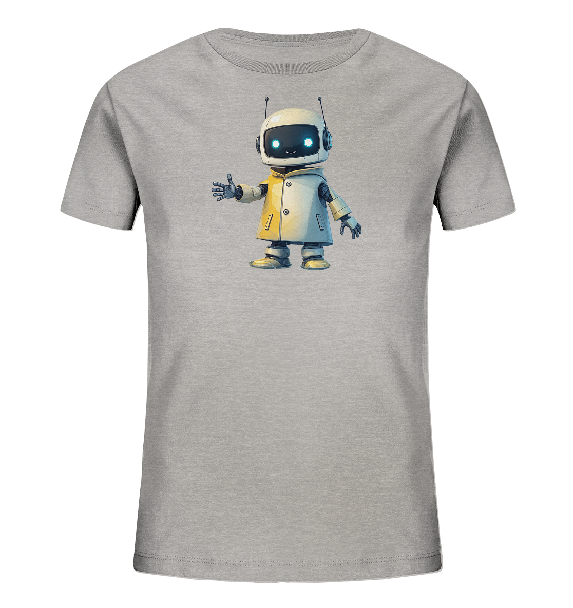 Onlineshop Shirts für Kinder - Das Bild zeigt ein schlichtes, graues T-Shirt für Kinder. Auf der Vorderseite ist eine Grafik eines freundlich aussehenden Roboters abgebildet. Der Roboter hat einen weißen Kopf mit leuchtend blauen Augen, Antennen und Kopfhörern und trägt eine beigefarbene Jacke oder Mantel. Er steht aufrecht, winkt mit einer Hand und lächelt, was dem Shirt einen verspielten und ansprechenden Charakter verleiht.
