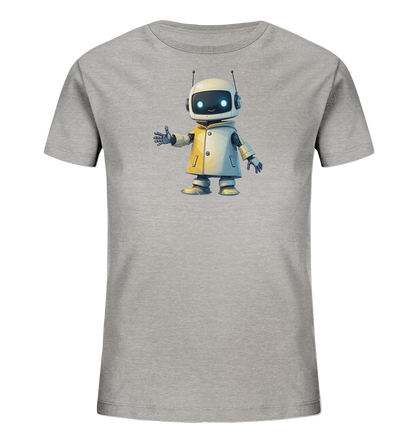 Onlineshop Shirts für Kinder - Das Bild zeigt ein schlichtes, graues T-Shirt für Kinder. Auf der Vorderseite ist eine Grafik eines freundlich aussehenden Roboters abgebildet. Der Roboter hat einen weißen Kopf mit leuchtend blauen Augen, Antennen und Kopfhörern und trägt eine beigefarbene Jacke oder Mantel. Er steht aufrecht, winkt mit einer Hand und lächelt, was dem Shirt einen verspielten und ansprechenden Charakter verleiht.