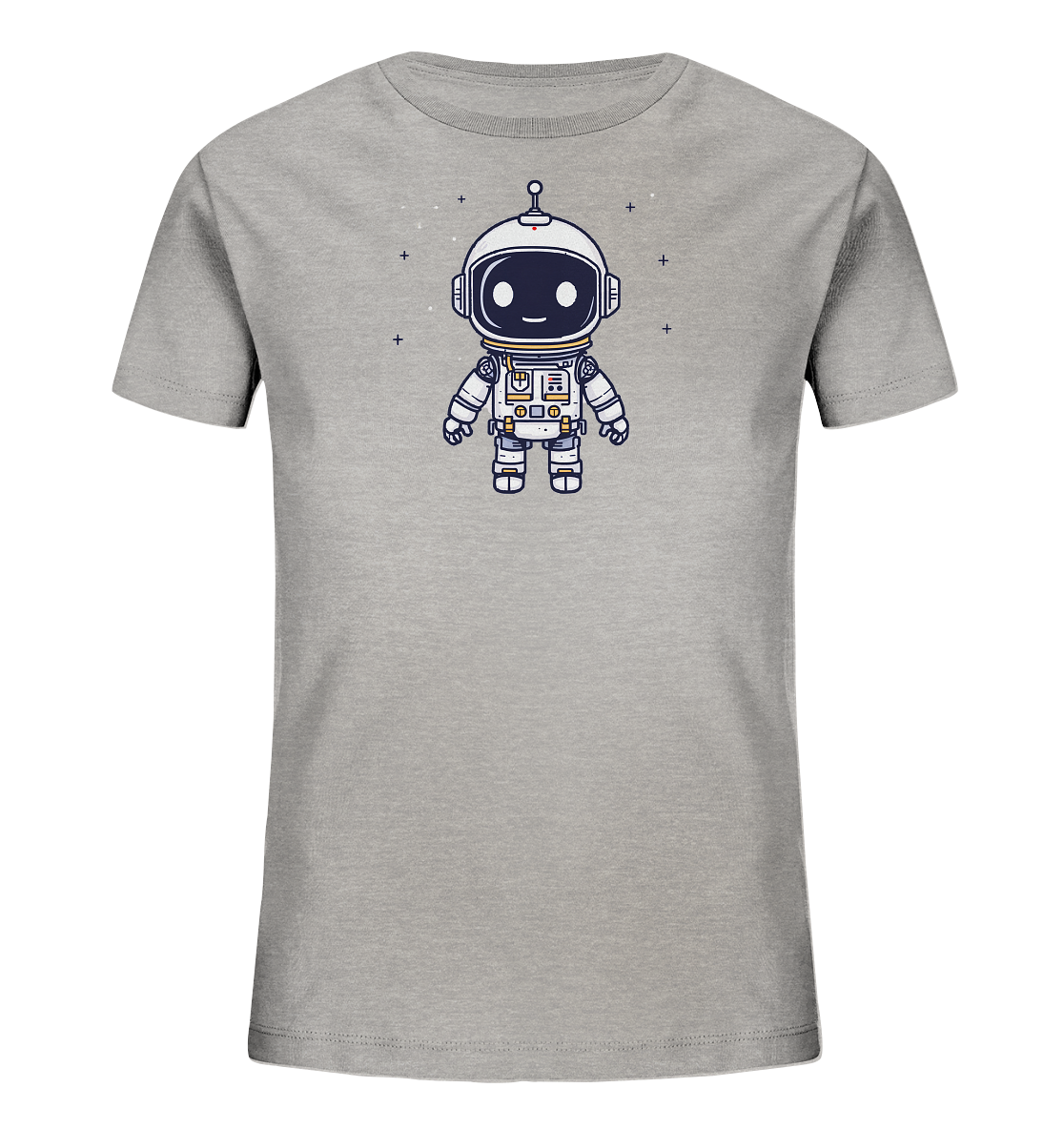 Onlineshop Shirts für Kinder - Das Bild zeigt ein graues Kinder-T-Shirt auf schwarzem Hintergrund. Auf der Vorderseite des Shirts ist eine Illustration eines niedlichen, stilisierten Astronauten zu sehen. Der Astronaut trägt einen weißen Raumanzug mit blauen und goldenen Details und hat einen freundlichen, lächelnden Ausdruck in seinem Visier. Um die Astronautenfigur herum sind kleine, weiße Sternchen oder Pluszeichen als Designelemente platziert.
