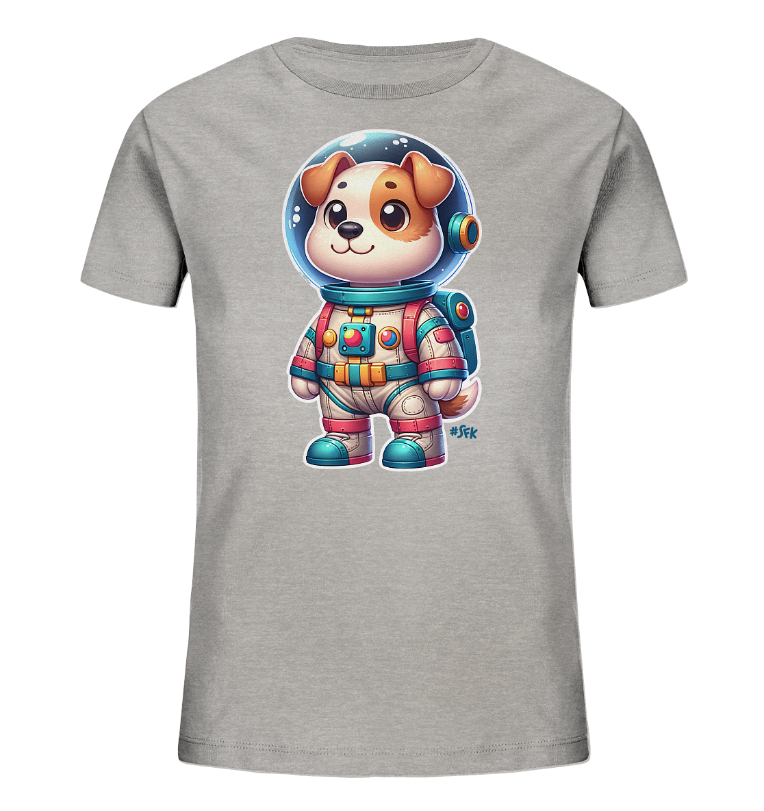 Onlineshop Shirts fuer Kinder - Das Bild zeigt ein graues T-Shirt fuer Kinder mit einem grossen, farbenfrohen Druck auf der Vorderseite. Abgebildet ist ein niedlicher Cartoon-Hund in einem detailreichen Astronautenanzug. Der Anzug ist weiss mit blauen, roten und gelben Akzenten und beinhaltet einen Helm sowie einen Rucksack. Der Hund hat braune Ohren und ein freundliches Laecheln und ist bereit fuer ein Weltraumabenteuer.