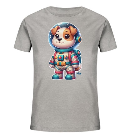 Onlineshop Shirts fuer Kinder - Das Bild zeigt ein graues T-Shirt fuer Kinder mit einem grossen, farbenfrohen Druck auf der Vorderseite. Abgebildet ist ein niedlicher Cartoon-Hund in einem detailreichen Astronautenanzug. Der Anzug ist weiss mit blauen, roten und gelben Akzenten und beinhaltet einen Helm sowie einen Rucksack. Der Hund hat braune Ohren und ein freundliches Laecheln und ist bereit fuer ein Weltraumabenteuer.