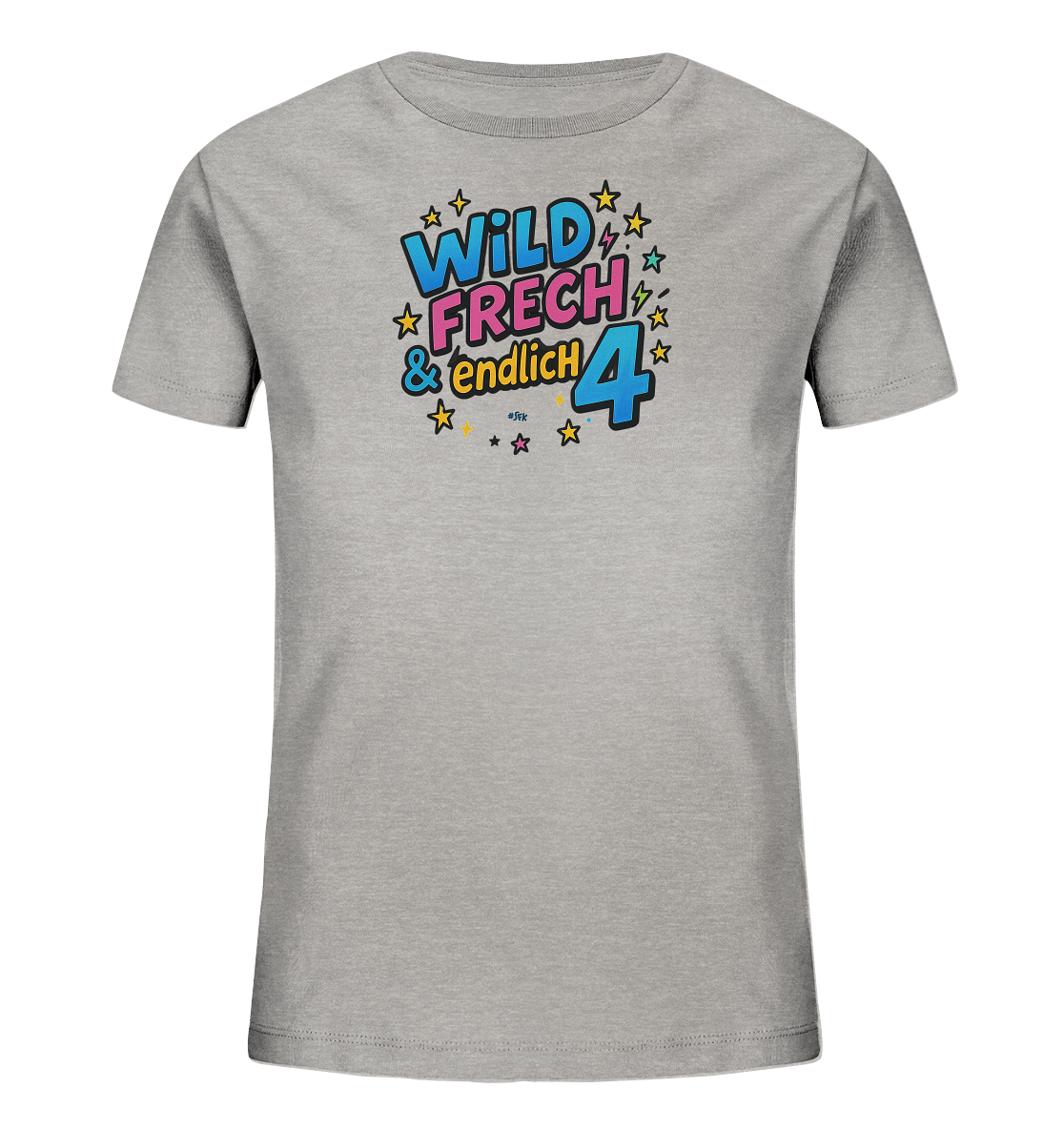 Onlineshop Shirts fuer Kinder - Das Bild zeigt ein graues Kinder T-Shirt mit einem auffaelligen Aufdruck. Der Aufdruck kombiniert die Worte "WILD FRECH & endlich" mit einer grossen Ziffer "4". Das Design verwendet verschiedene Farben wie Blau und Pink und ist im Comic-Stil gestaltet. Um den Text herum sind Sterne und Blitze als grafische Elemente platziert.