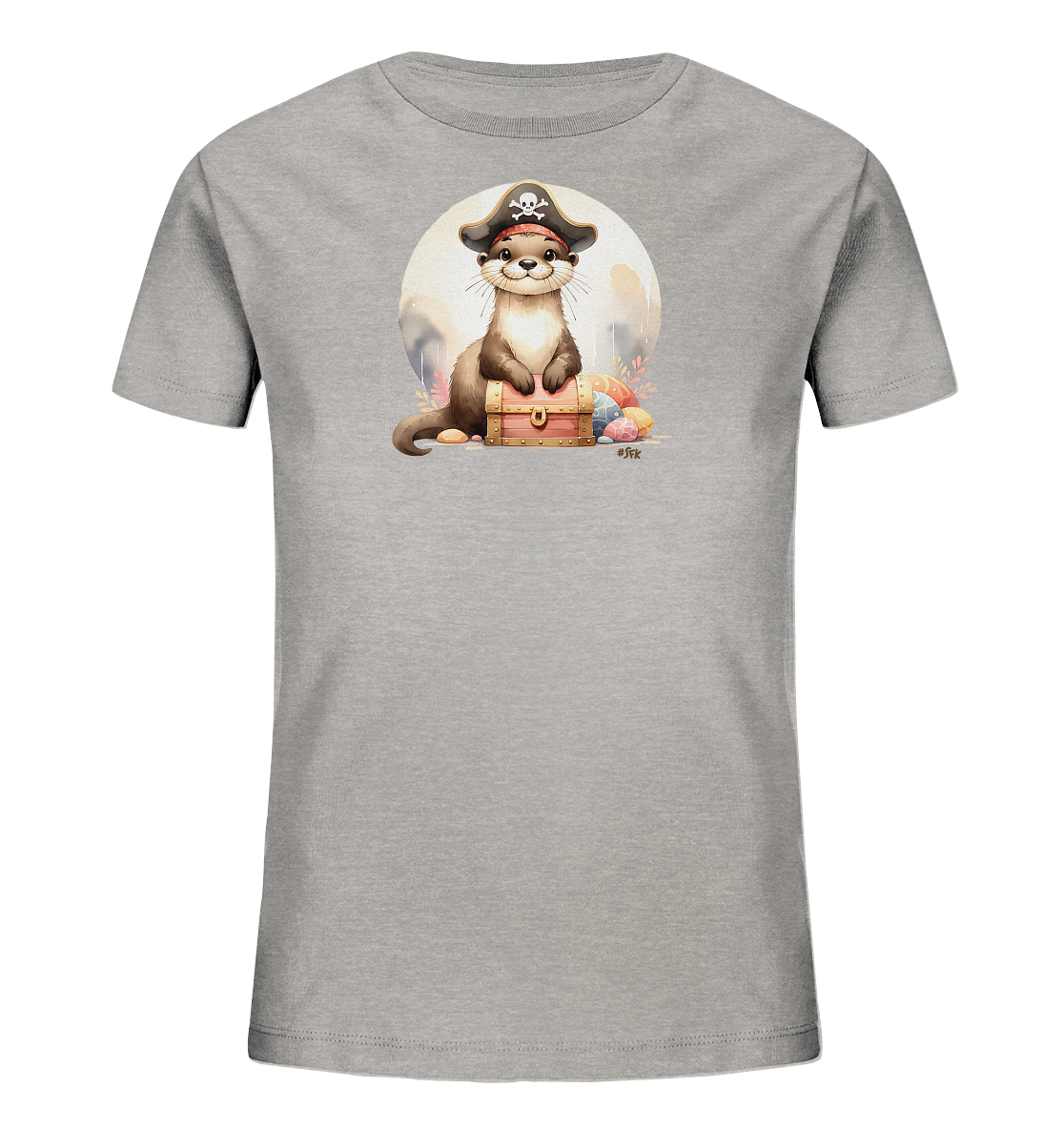 Onlineshop Shirts fuer Kinder - Das Bild zeigt ein graues Kinder-T-Shirt mit einem detailreichen Druck eines niedlichen Otters. Der Otter traegt einen Piratenhut und sitzt auf einer geoeffneten Schatzkiste. Um die Kiste herum liegen bunte Objekte, die an Ostereier erinnern. Ein heller Kreis im Hintergrund rundet das fantasievolle Motiv ab.