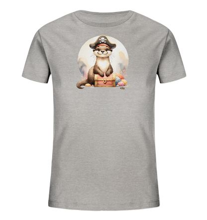 Onlineshop Shirts fuer Kinder - Das Bild zeigt ein graues Kinder-T-Shirt mit einem detailreichen Druck eines niedlichen Otters. Der Otter traegt einen Piratenhut und sitzt auf einer geoeffneten Schatzkiste. Um die Kiste herum liegen bunte Objekte, die an Ostereier erinnern. Ein heller Kreis im Hintergrund rundet das fantasievolle Motiv ab.