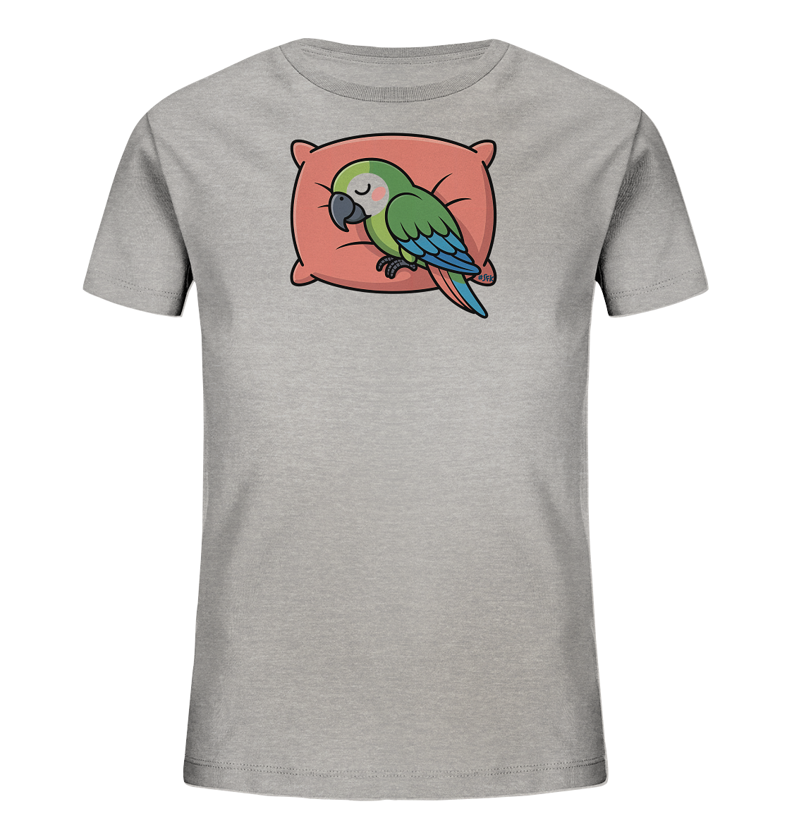 Onlineshop Shirts fuer Kinder - Das Bild zeigt ein graues Kinder-T-Shirt mit einem niedlichen Aufdruck auf der Vorderseite. Darauf ist ein gruener Papagei mit blauen Fluegeln abgebildet, der friedlich auf einem rosafarbenen Kissen schlaeft. Der Vogel hat die Augen geschlossen und vermittelt einen ruhigen, entspannten Ausdruck. Das Design ist schlicht und verspielt zugleich.