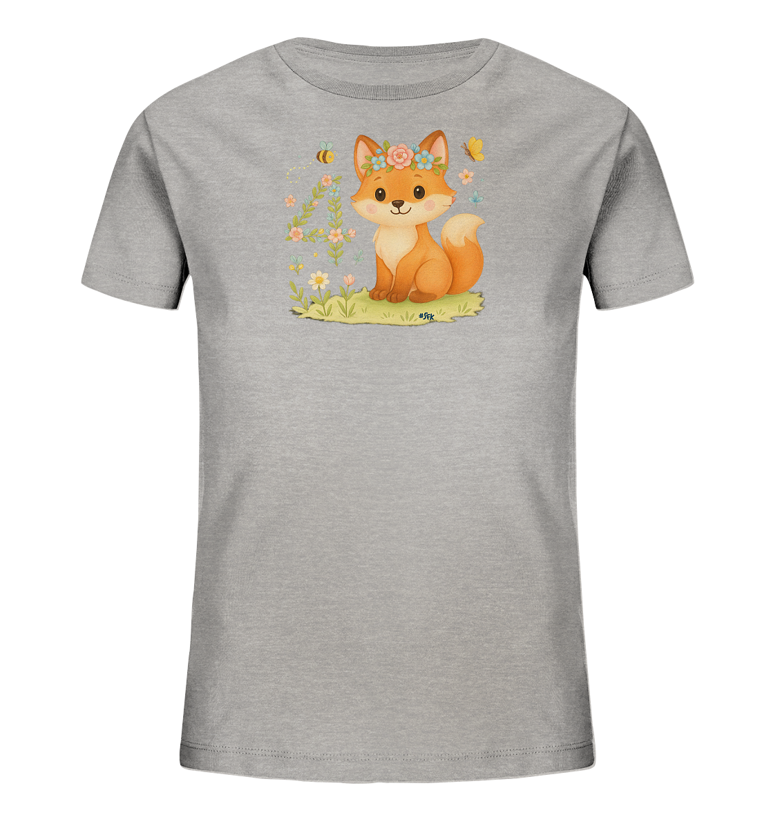 Onlineshop Shirts fuer Kinder - Das Bild zeigt ein graues Kinder T-Shirt mit einem niedlichen Fuchs-Motiv auf der Vorderseite. Der Fuchs traegt einen Blumenkranz und sitzt auf einer Wiese, umgeben von farbenfrohen Blumen, einer Biene und einem Schmetterling. Das Design ist liebevoll gezeichnet und strahlt eine freundliche, verspielte Atmosphaere aus.