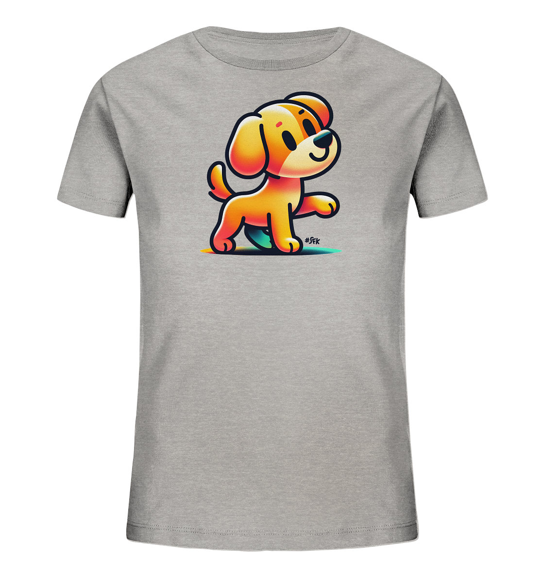 Kinder T-Shirt mit hellbraunem Cartoon-Hund, Lächeln und erhobener Pfote
