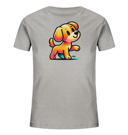 Kinder T-Shirt mit hellbraunem Cartoon-Hund, Lächeln und erhobener Pfote