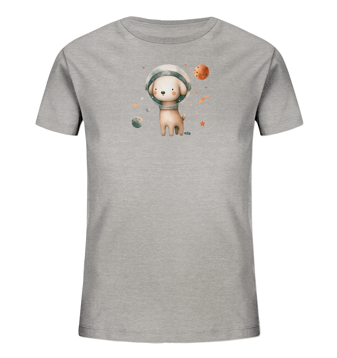 Onlineshop Shirts fuer Kinder - Auf diesem grauen T-Shirt fuer Kinder ist ein niedlicher Hund mit einem Astronautenhelm abgebildet. Das Design zeigt den Hund inmitten einer Weltraumszene mit Planeten, Sternen und Kometen in einem sanften Illustrationsstil. Das Motiv verleiht dem Shirt einen abenteuerlichen und fantasievollen Look.