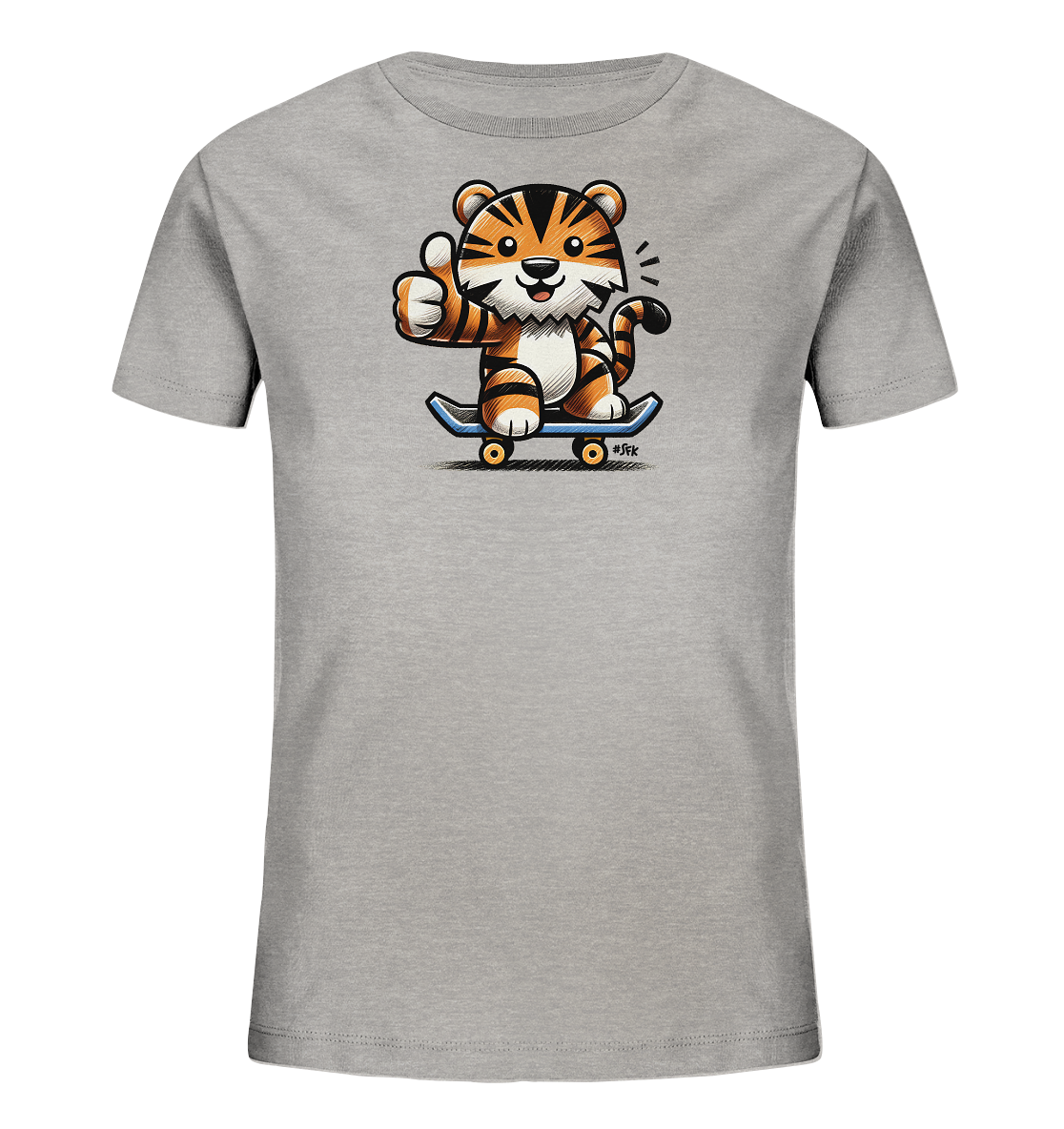 Onlineshop Shirts fuer Kinder - Das Bild zeigt ein graues Kinder T-Shirt mit einem niedlichen Cartoon-Tiger auf einem Skateboard. Der freundliche Tiger mit seinen orange-schwarzen Streifen gibt einen Daumen hoch. Das Design wirkt verspielt und dynamisch.
