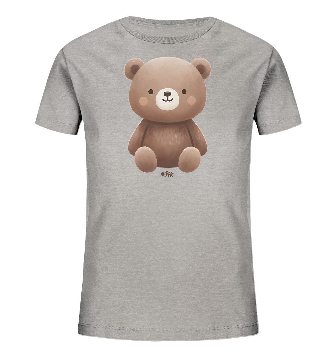 Onlineshop Shirts fuer Kinder - Das Bild zeigt ein graues T-Shirt fuer Kinder. Auf der Vorderseite befindet sich eine niedliche Illustration eines sitzenden Teddybaeren mit braunem Fell. Der Baer hat rosa Wangen und einen freundlichen Gesichtsausdruck. Es ist ein schlichtes und charmantes Design fuer ein Kinderkleidungsstueck.