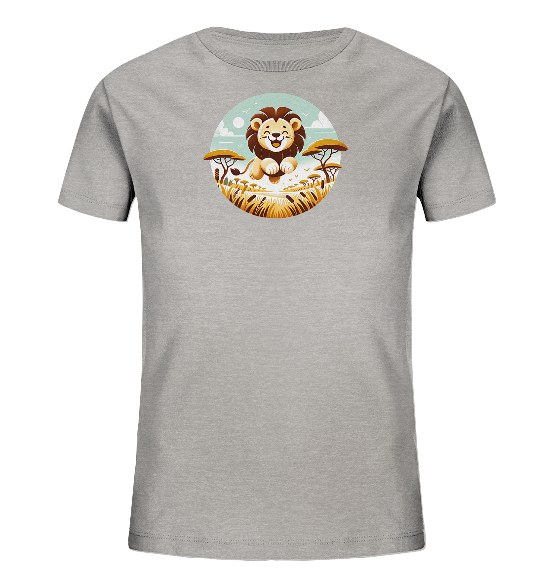 Onlineshop Shirts fuer Kinder - Das Bild zeigt ein graues Kinder-T-Shirt. Auf der Vorderseite befindet sich eine kreisfoermige Grafik mit einem freundlich laechelnden Loewen. Der Loewe sitzt in einer afrikanischen Savannenlandschaft mit Baeumen, Gras und Voegeln. Das Design ist farbenfroh und kindgerecht gestaltet.