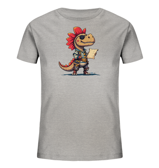 Onlineshop Shirts fuer Kinder - Das Bild zeigt ein graues Kinder-T-Shirt mit einer detaillierten Illustration eines Dinosauriers. Der Cartoon-Dino ist als Pirat gekleidet, traegt eine Augenklappe und haelt eine Schatzkarte in den Pfoten. Er hat rote Zacken am Kopf und Ruecken sowie ein freundliches Laecheln. Dieses Design verleiht dem Shirt einen abenteuerlichen und verspielten Look.