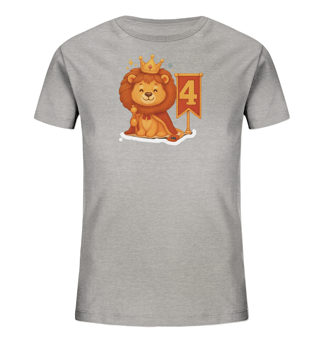 Onlineshop Shirts fuer Kinder - Das Bild zeigt ein graues Kinder-T-Shirt mit einem niedlichen Aufdruck eines Loewen. Der Loewe traegt eine Krone und einen Umhang und haelt ein Zepter in der Pfote. Neben ihm steht ein rotes Banner mit der Zahl 4 darauf. Das Design wirkt verspielt und koeniglich, ideal fuer kleine Geburtstagskinder.