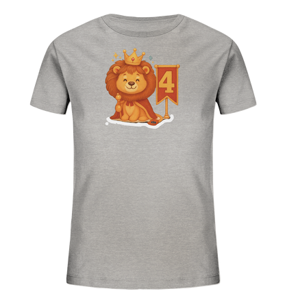 Kinder T-Shirt mit Löwenkönig, Krone, rotem Umhang und Zahl 4