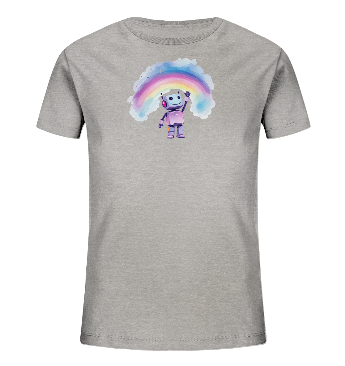 Onlineshop Shirts für Kinder - Das Bild zeigt ein graues Kinder-T-Shirt mit einem farbenfrohen Aufdruck auf der Vorderseite. Der Aufdruck stellt einen freundlichen, lila-pinken Roboter dar, der unter einem Regenbogen steht und winkt. Der Regenbogen ist in Aquarell-Optik gehalten und von fluffigen, hellen Wolken umgeben. Dieses Design verleiht dem Shirt einen verspielten und fröhlichen Look, ideal für Kinderkleidung.