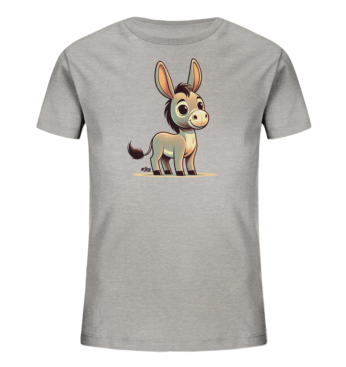 Onlineshop Shirts fuer Kinder - Das Bild zeigt ein graues T-Shirt fuer Kinder mit einer charmanten Illustration eines kleinen Esels auf der Vorderseite. Der Esel hat grosse Ohren, dunkle Haare und einen freundlichen Ausdruck. Er steht auf einer angedeuteten hellen Flaeche. Das Design ist detailreich und verleiht dem Shirt einen froehlichen Charakter, ideal fuer den Alltag.