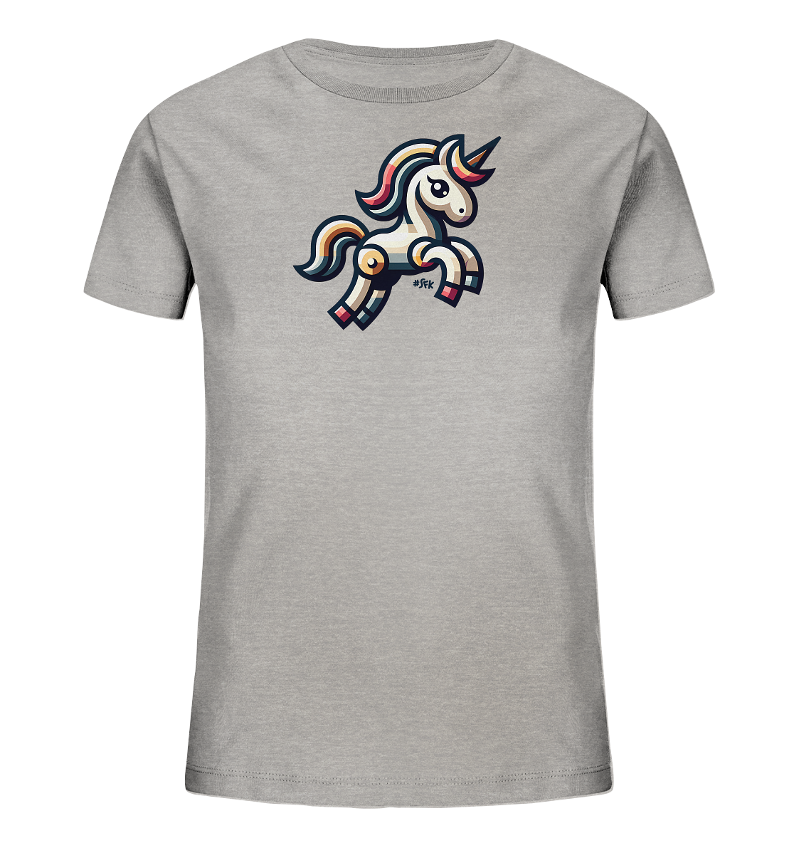 Onlineshop Shirts fuer Kinder - Das Bild zeigt ein graues Kinder-T-Shirt mit einer bunten Grafik auf der Vorderseite. Die Grafik stellt ein springendes Einhorn im Cartoon-Stil dar. Das Einhorn hat eine weisse Koerperfarbe mit farbigen Streifen und Details in Gelb, Pink und Blau. Dieses Design wirkt lebhaft und ansprechend.